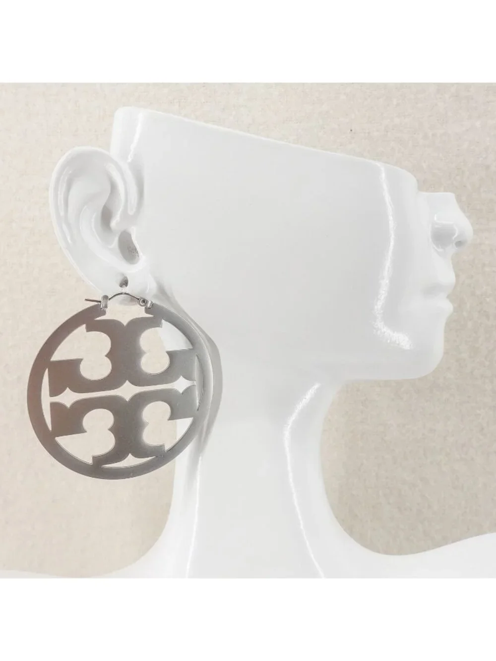 Tory Burch Miller Statement Logo Hoop Earrings Silver OS - Picture 6 of 9